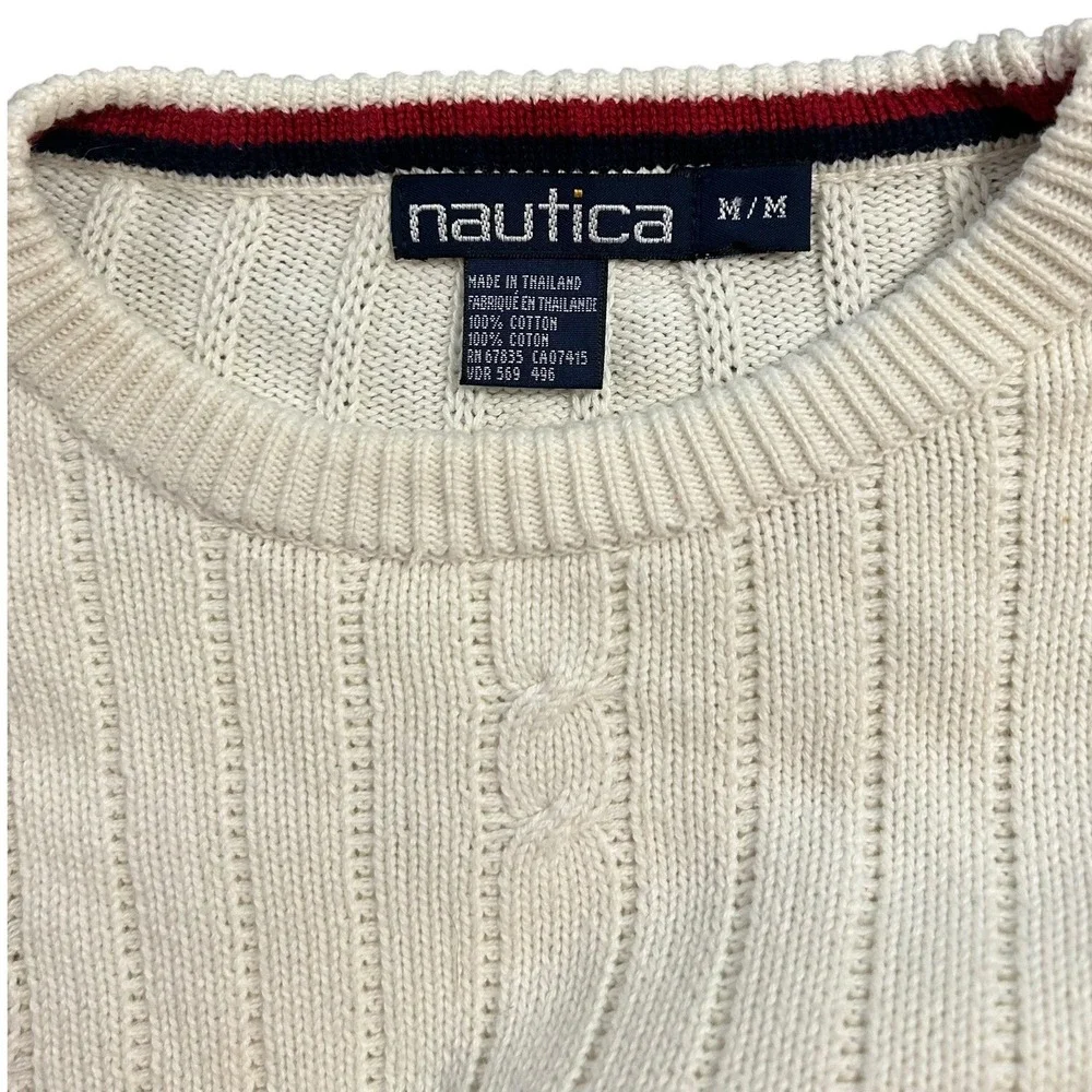 Nautica Mens Cream White Cable Knit Cotton Crewneck Sweater Quiet Luxury